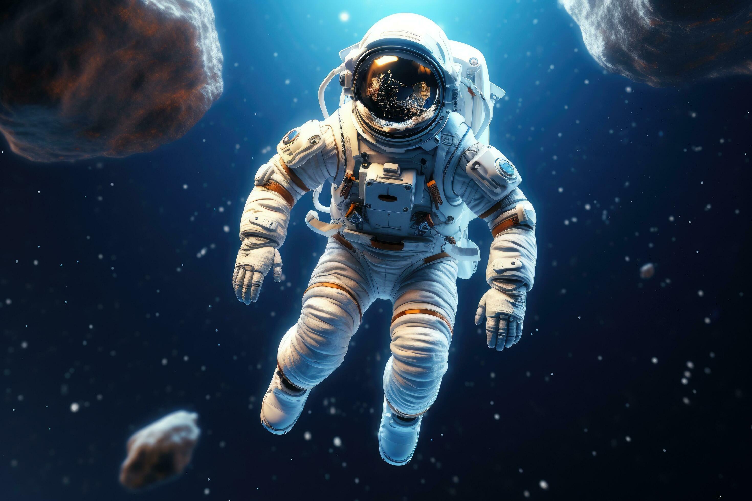 Astronaut in outer space. Science fiction. 3D rendering, 3d render spaceman astronaut flying with rocket 3d illustration design, AI Generated Stock Free