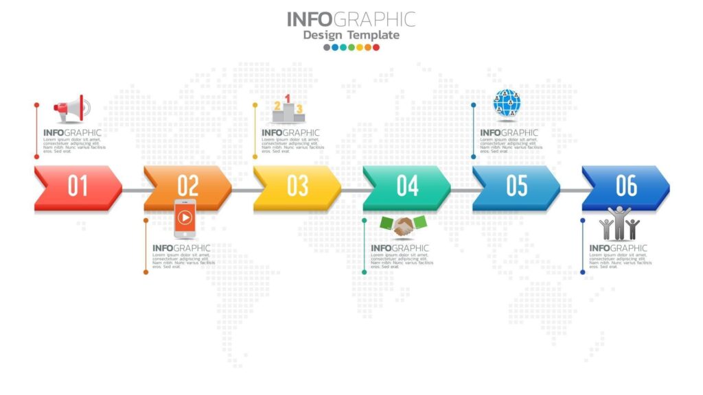 Infograph 6 step color element with arrow, chart diagram, business online marketing concept. Stock Free