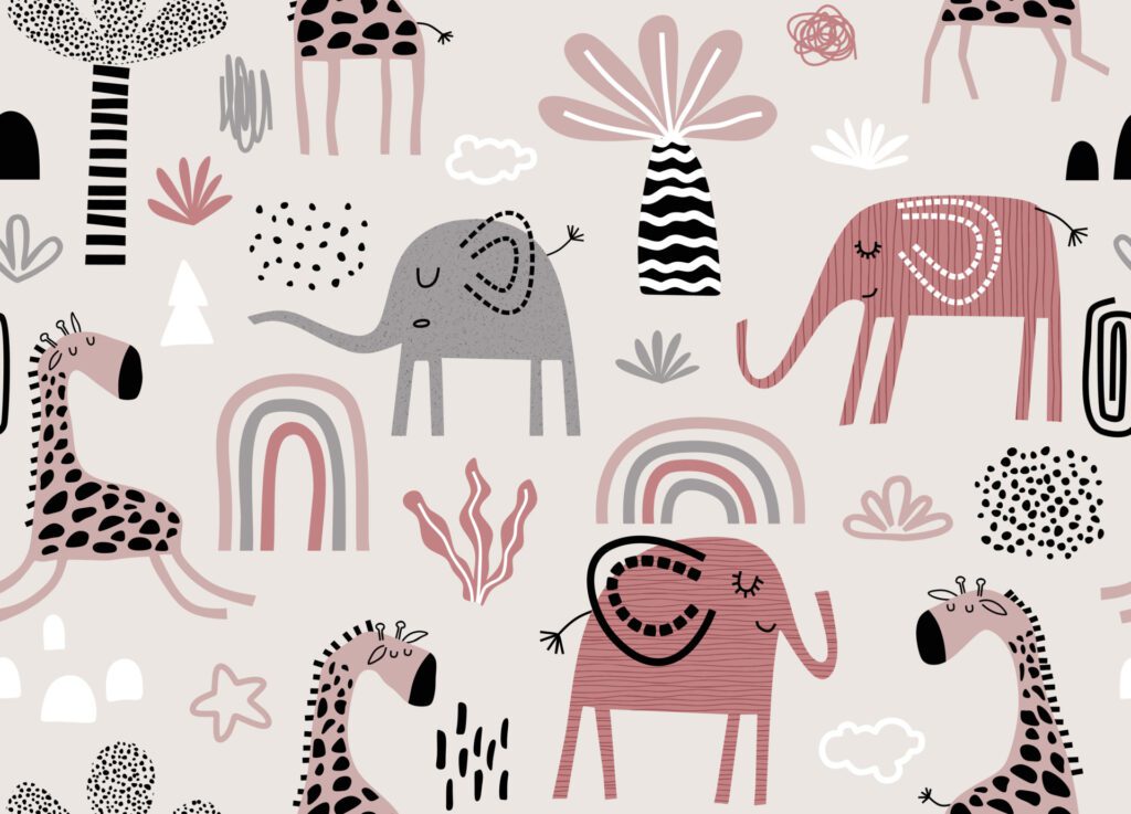 Colorful seamless pattern with cute elephants and giraffes. Free Vector