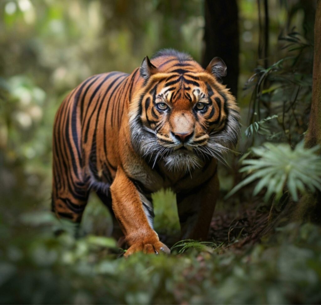 Close-up detailed photo of a Sumatran tiger in the forest bush Free Photo