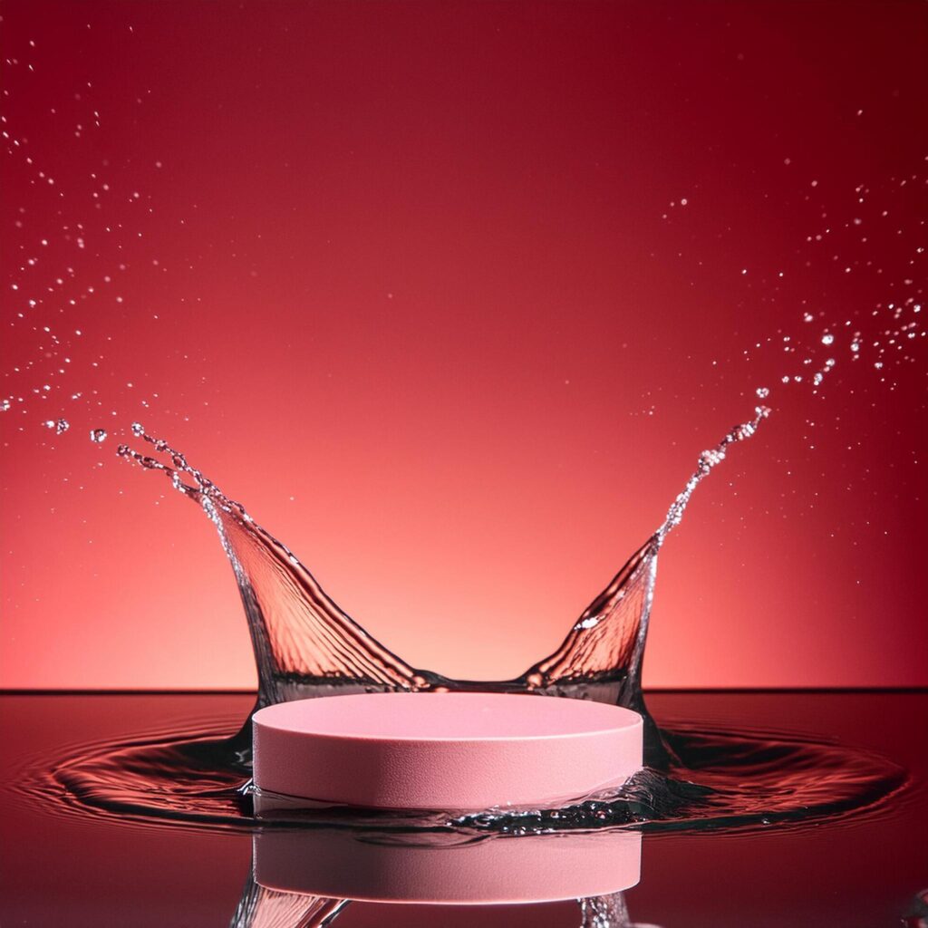 empty pink podium mockup with water splash on a red gradient background for product display Stock Free