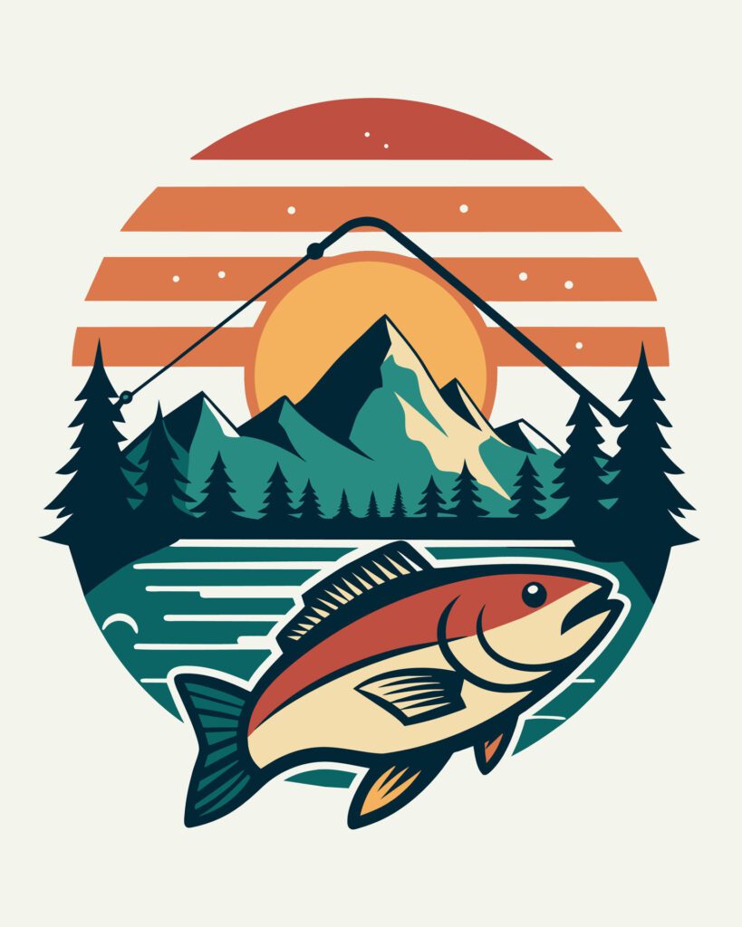 Illustration of a salmon on a background of mountains and the sun Free Vector