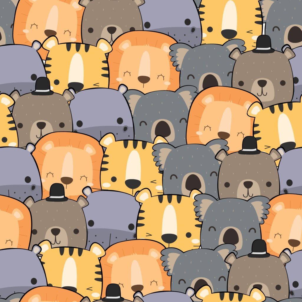 Cute animals lion koala hippo tiger bear cartoon doodle seamless pattern Free Vector