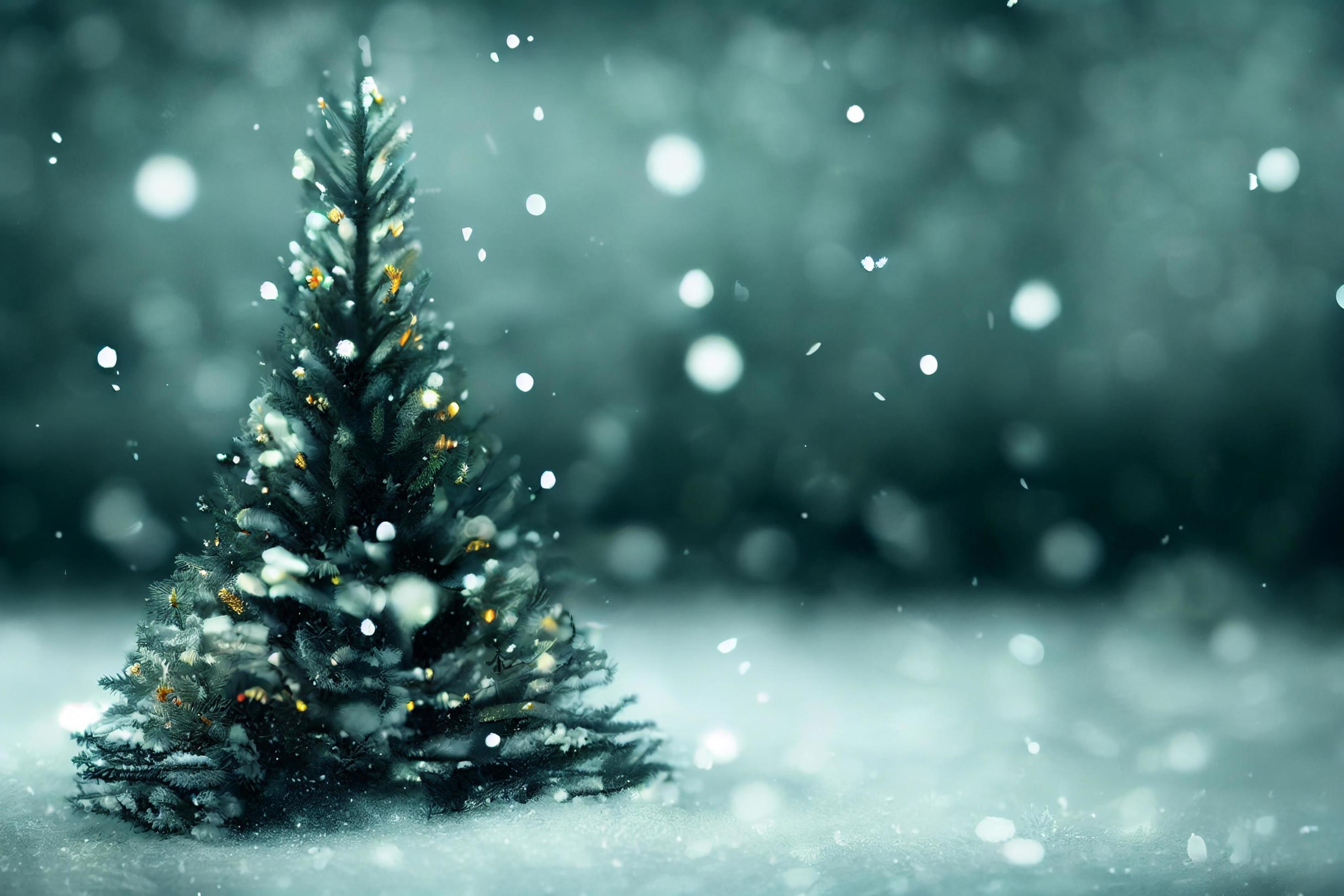 Abstract blurred bokeh background of Christmas tree with snow and copy space, holiday and celebration concept Stock Free