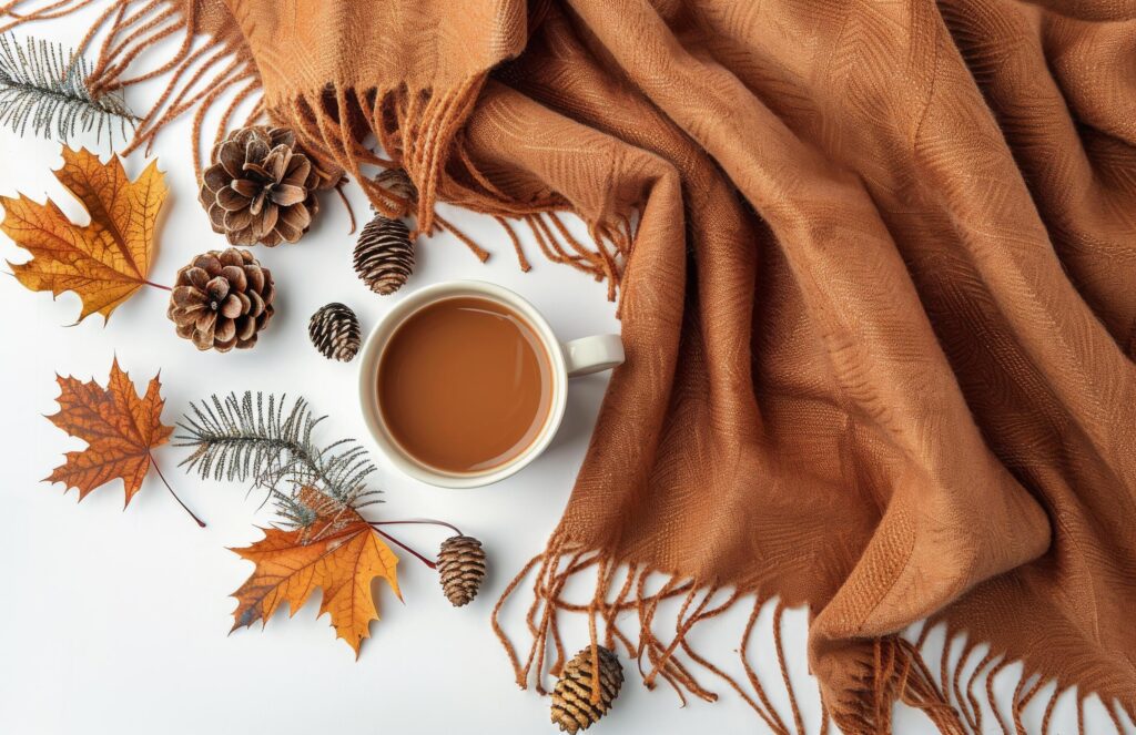 Brown Knit Scarf With Autumn Leaves and Pinecones on a White Background Stock Free