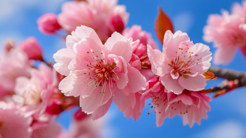 pink cherry blossoms Blooming beautifully on the background of a bright blue sky Stock Free