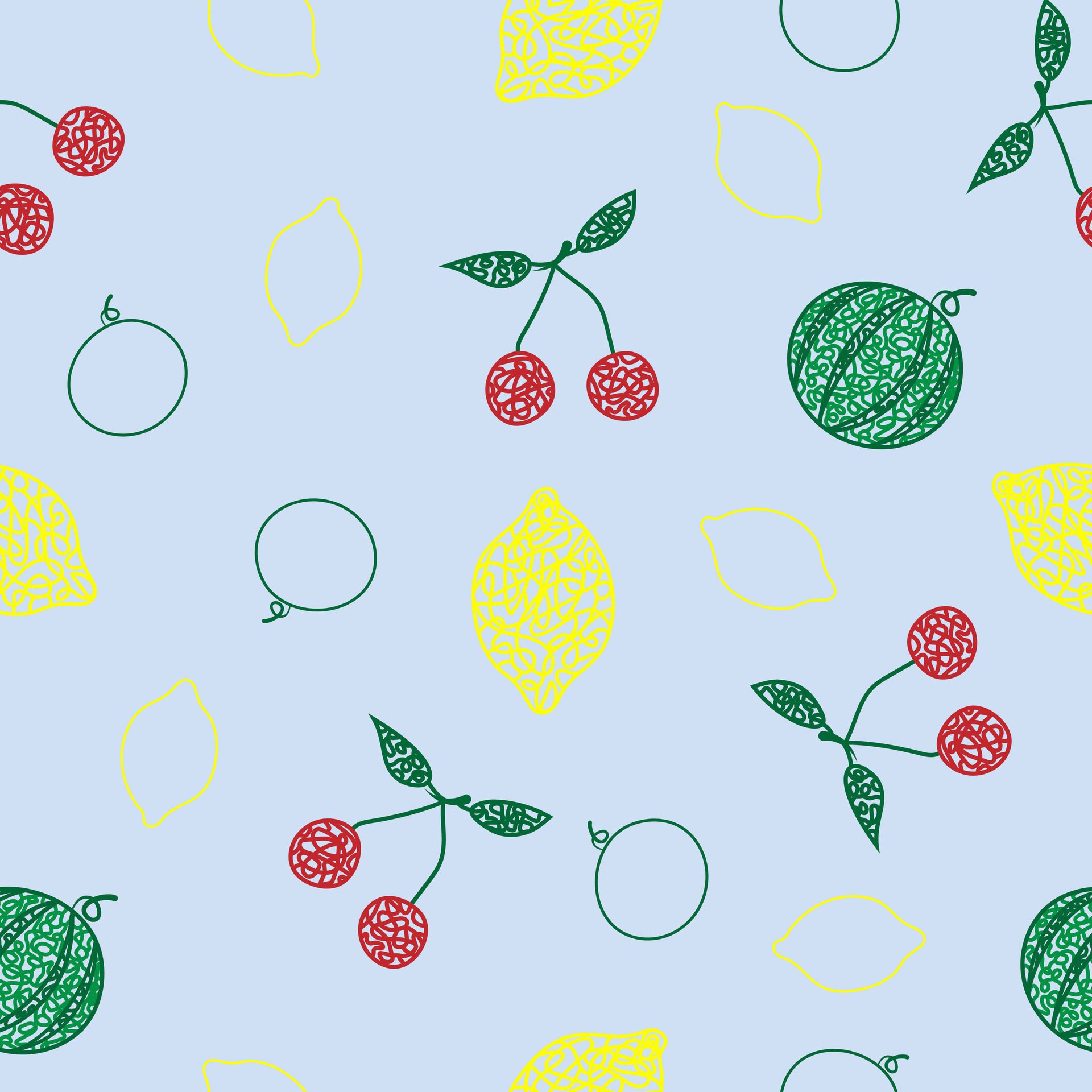 Seamless pattern with hand drawn lemon, cherry, watermelon on blue background in childrens naive style. Free Vector