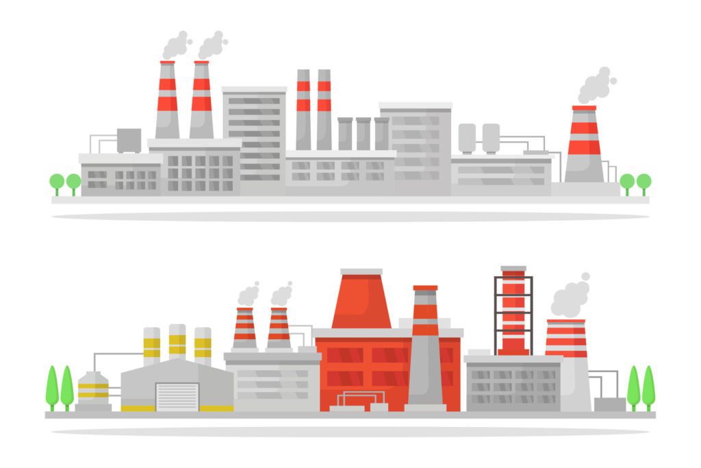 Nuclear power plant buildings illustrated on white background Free Vector