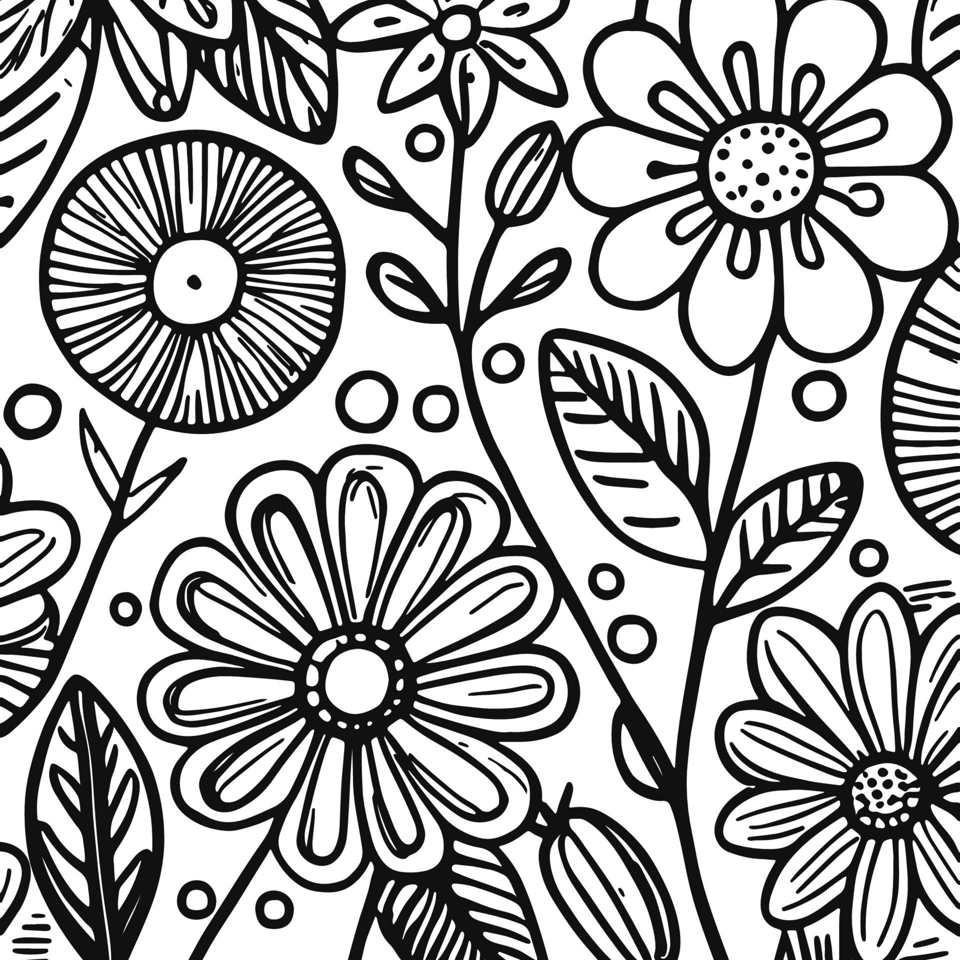 Abstract Black And White Monochromatic Hand-drawn Flowers Texture Pattern Doodle Vector Illustration Free Vector