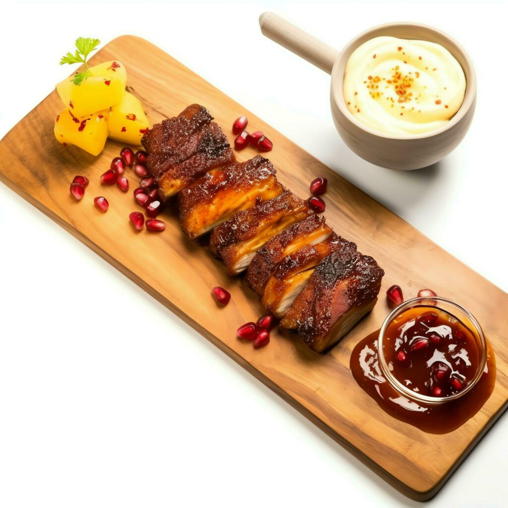 Pork belly braaivleis with mango and chili sauce served on a wooden plank. Restaurant food concept by AI Generated Stock Free