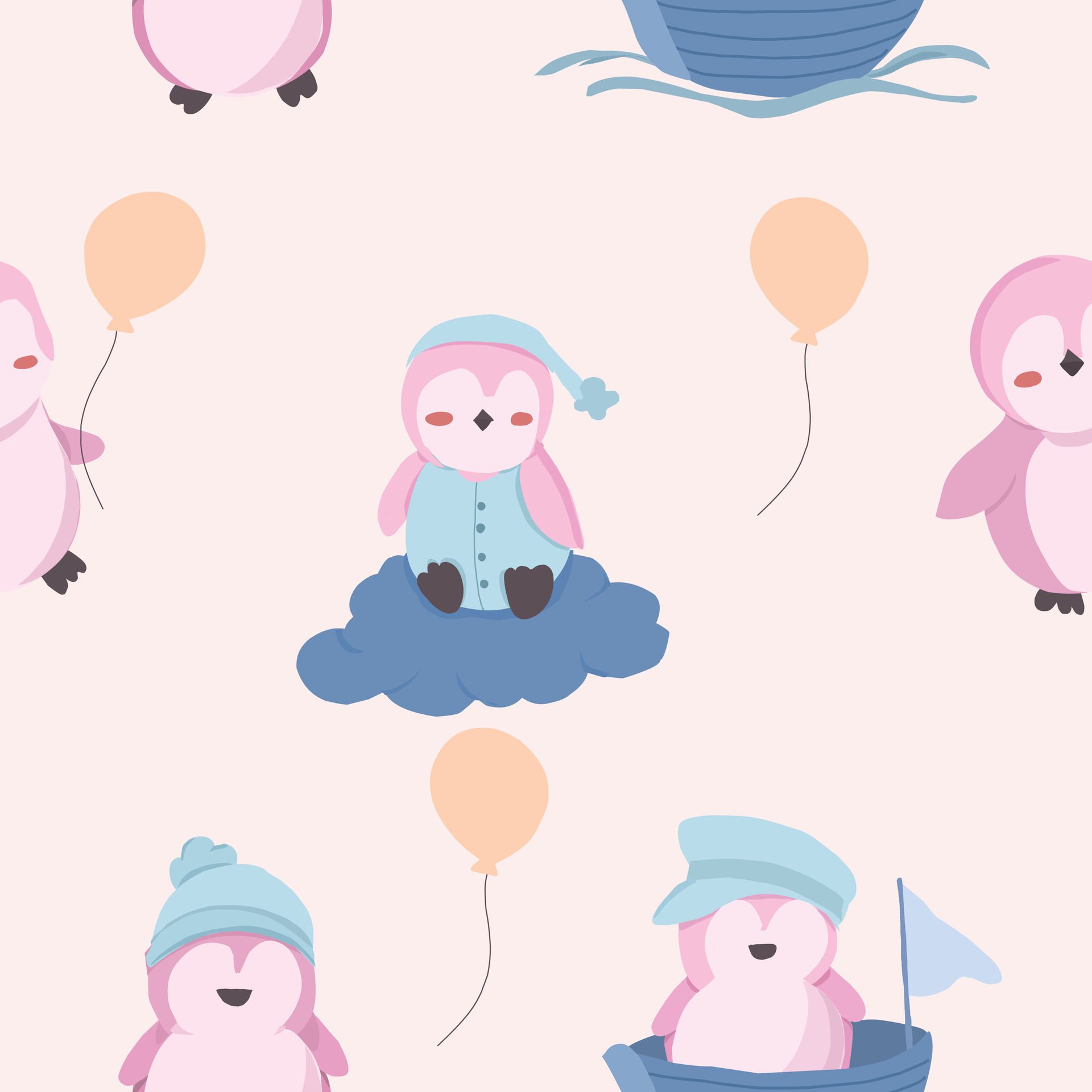 Cute Penguin Bird Illustration Seamless Pattern Free Vector