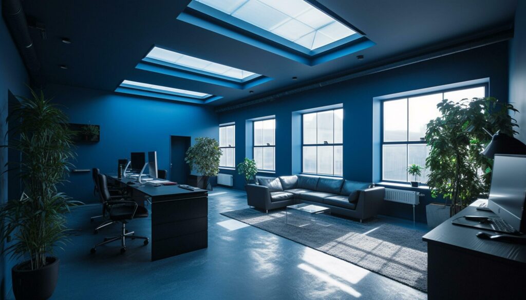 A modern office with blue chairs and bright lighting equipment generated by AI Stock Free