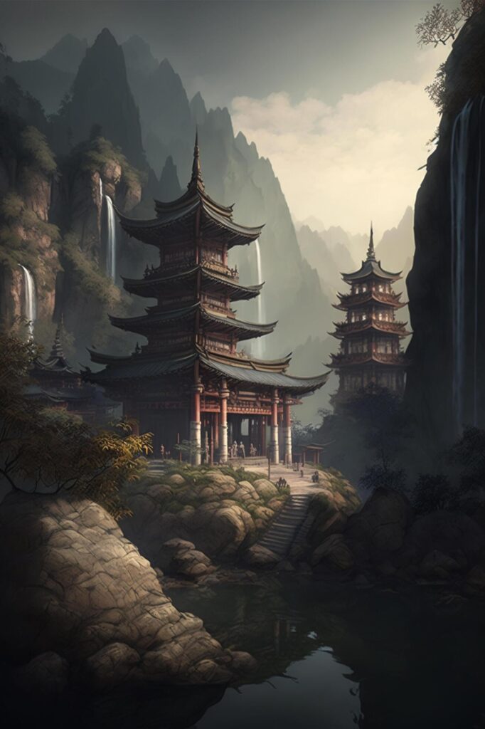 Serene beauty A Chinese temple nestled in the mountains Stock Free