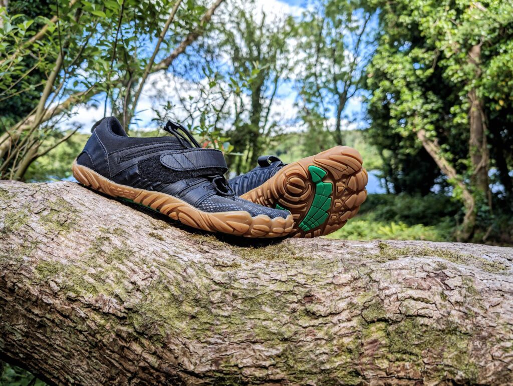 Closeup of black barefoot shoes on tree branch in forest, fashion and lifestyle concept, nature background Stock Free