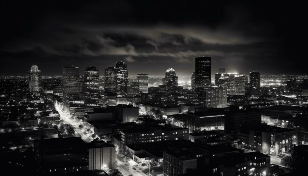 Dramatic cityscape at dusk, black and white generated by AI Stock Free