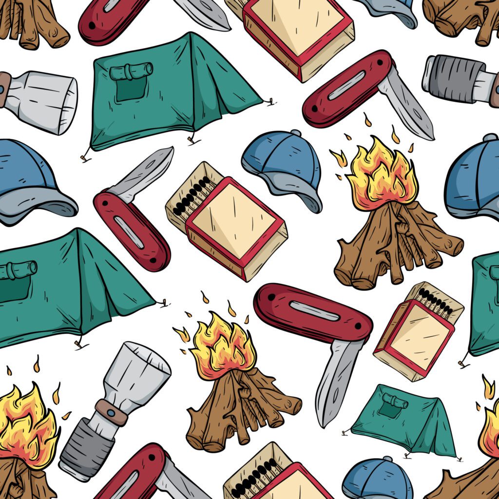 camping doodle elements in seamless pattern Free Vector