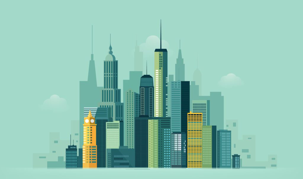 City skyline with city as background Free Vector