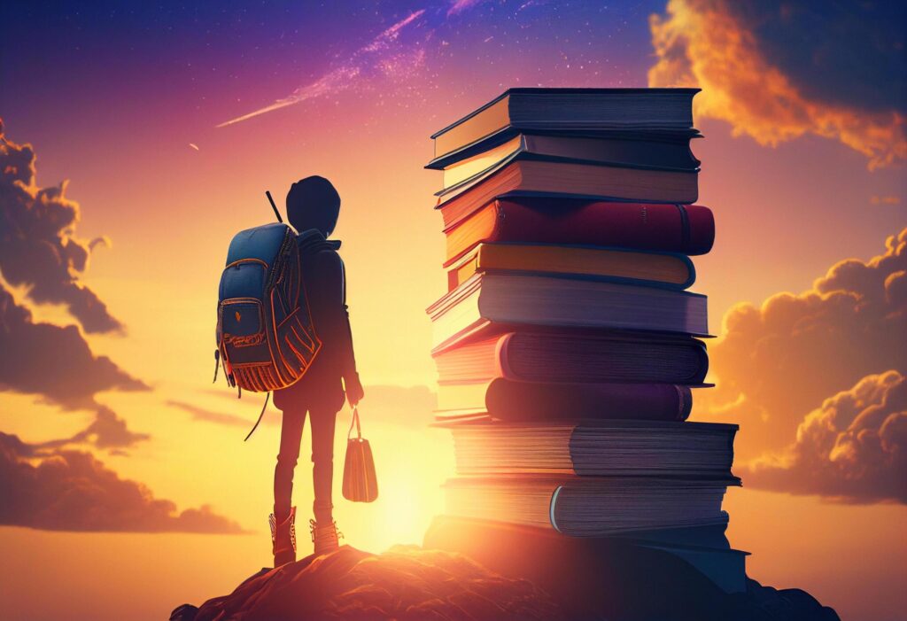 Little boy sitting on top of a pile of books. Education concept Stock Free