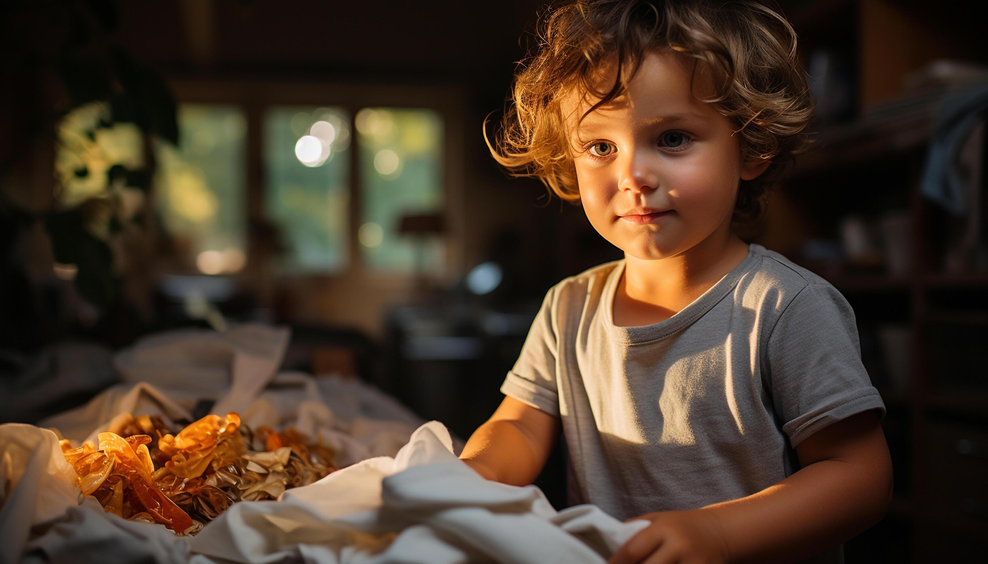 AI generated Smiling toddler enjoying family fire in cozy home generated by AI Stock Free