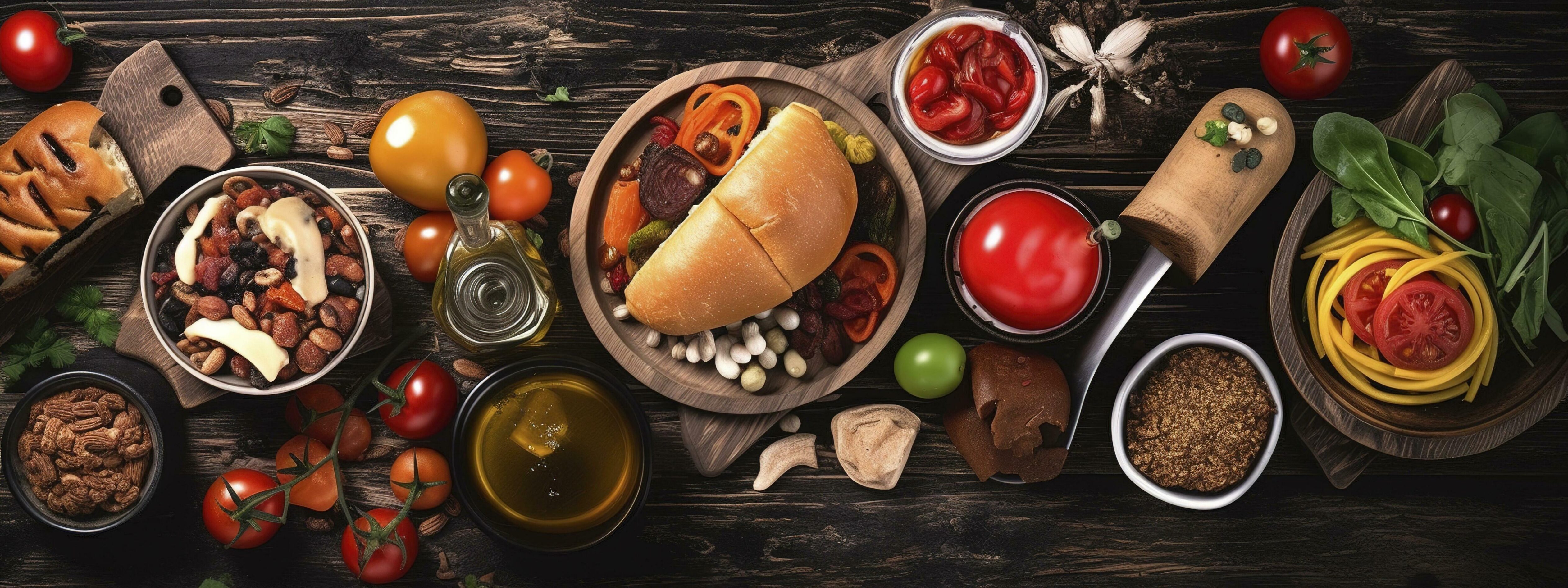 Table scene with a selection of delicious foods. Top view over a dark wood banner background, generate ai Stock Free