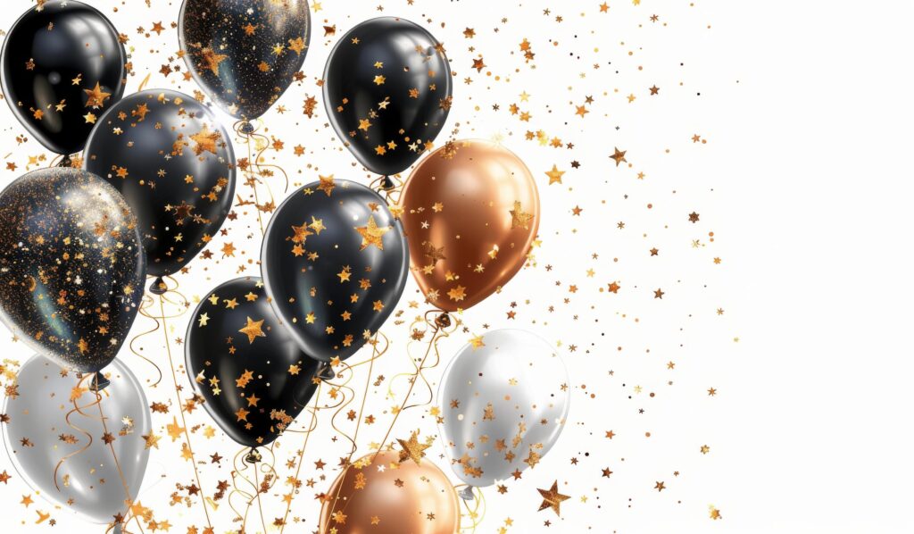 Black, Gold, and Silver Balloons With Confetti Stars on White Background Stock Free