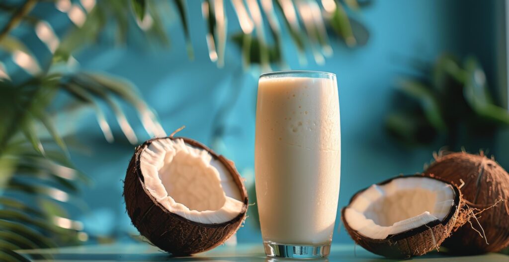 Fresh Coconut Milk Drink With Coconut Half on Blue Background Stock Free