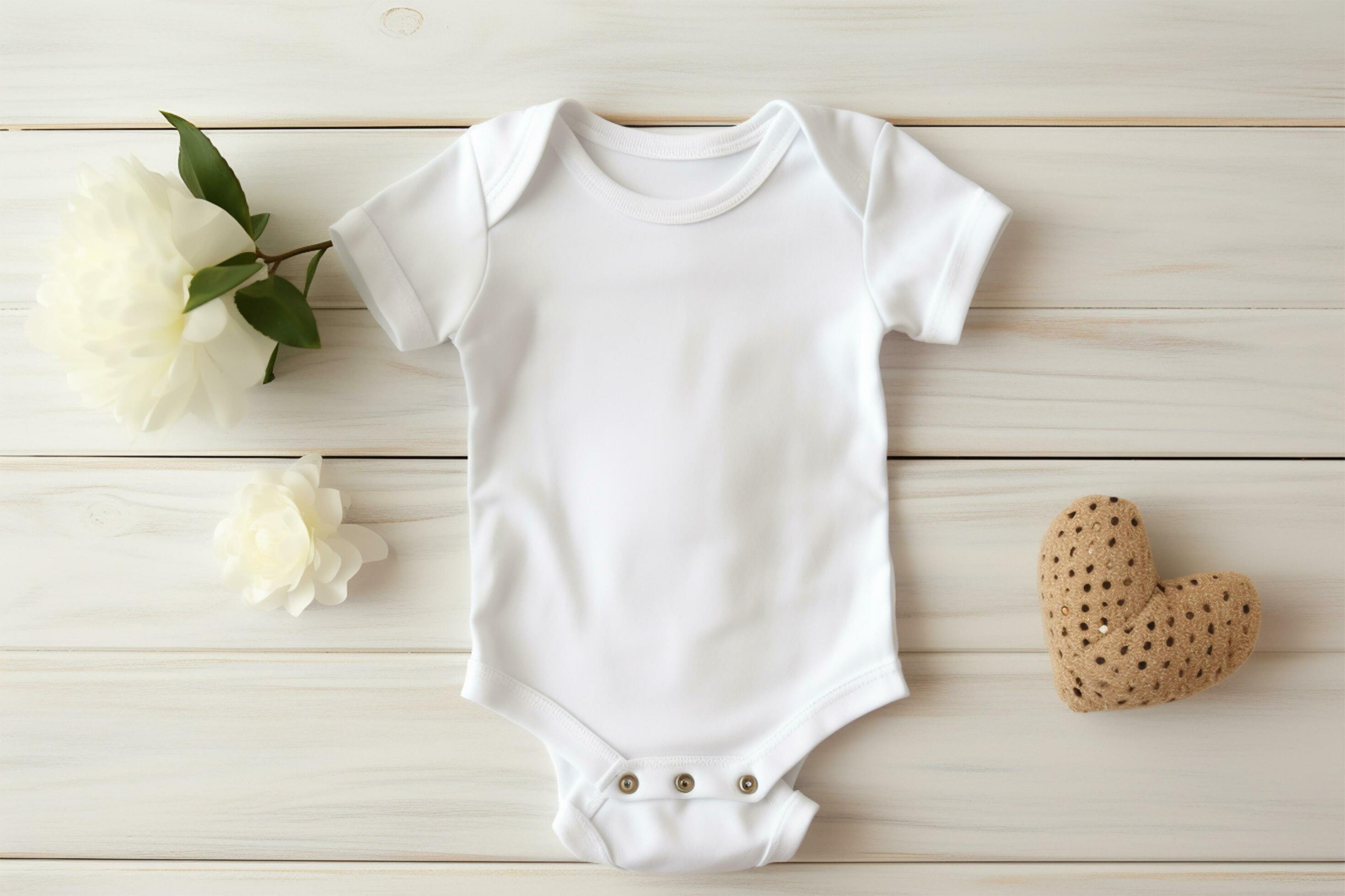 White baby bodysuit and flowers on white wooden background, top view AI Generated Stock Free