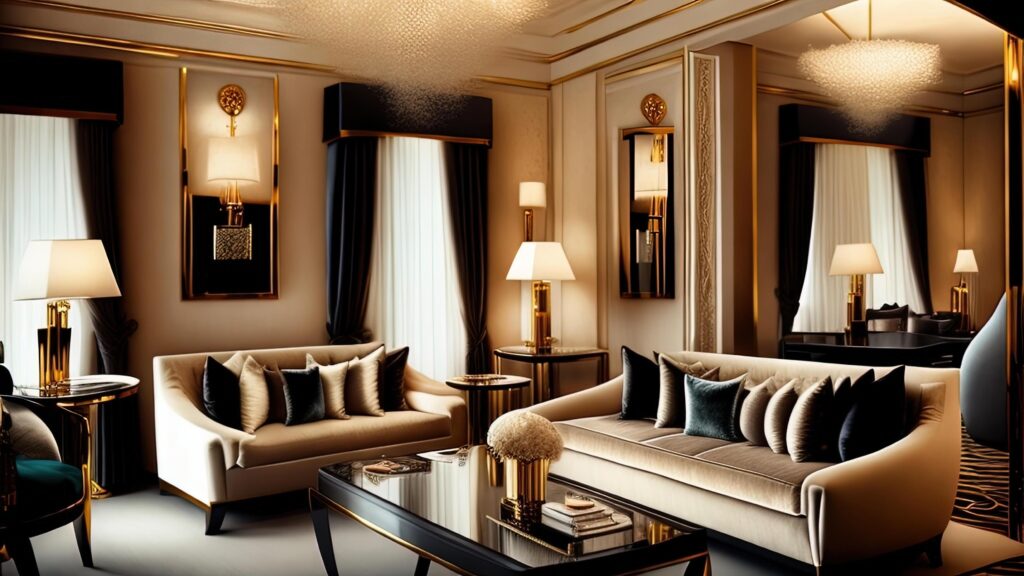 Luxury interior of a living room with a sofa, coffee table and lamps. Stock Free