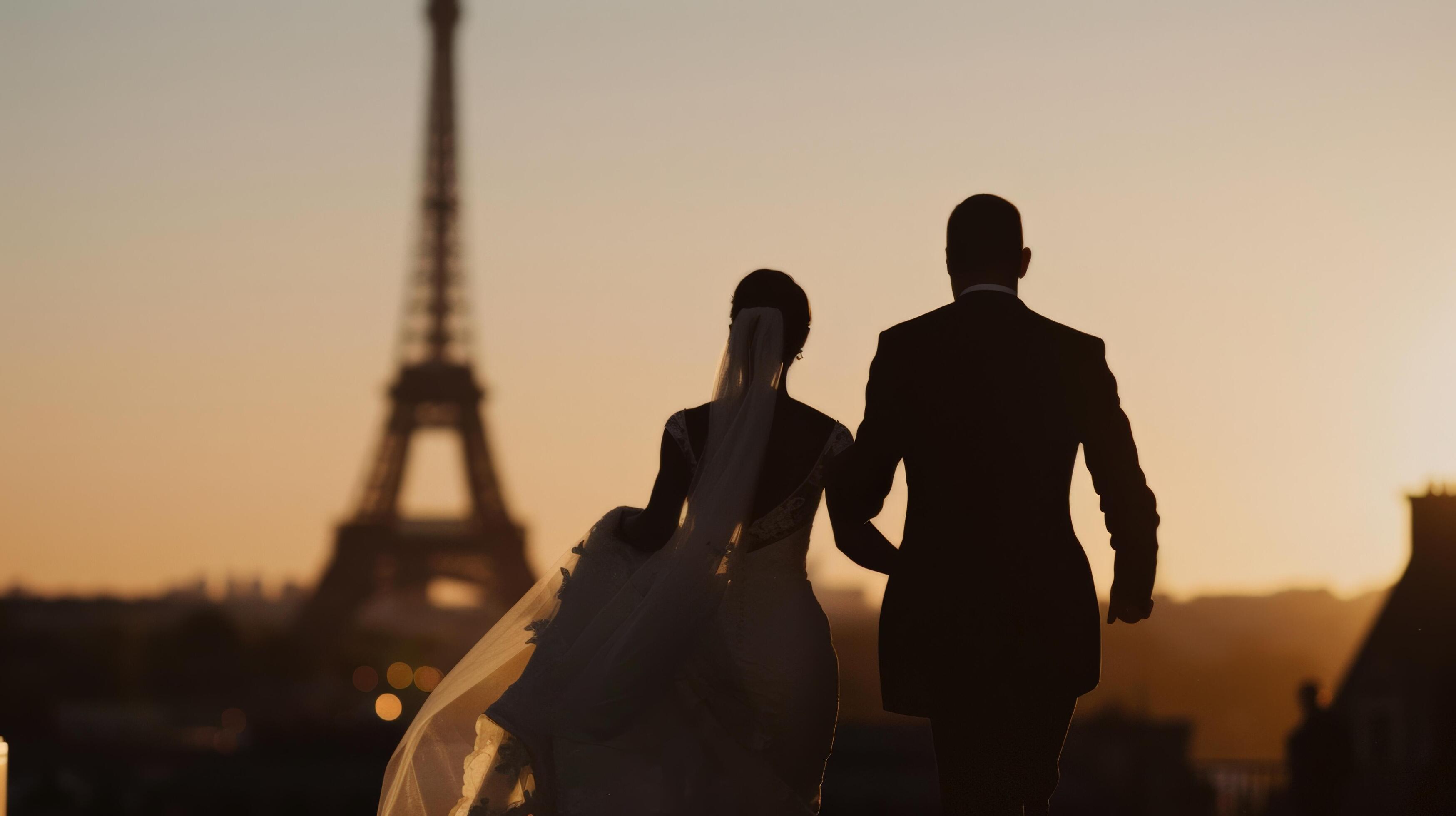 Bride and groom walking toward the Eiffel Tower in Paris during sunset, a romantic moment on their wedding day Stock Free