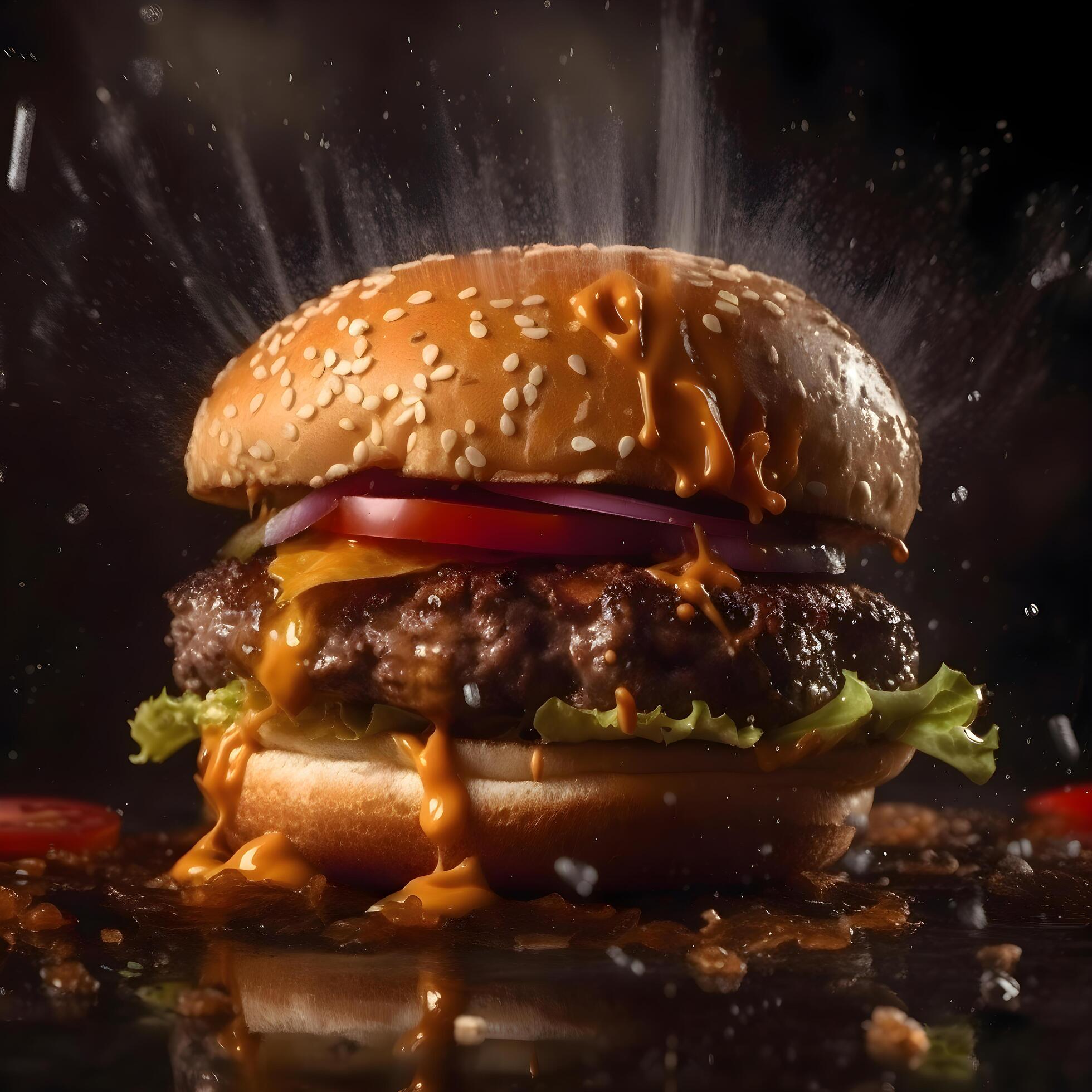 Burger with flying ingredients on a dark background. Fast food concept Stock Free