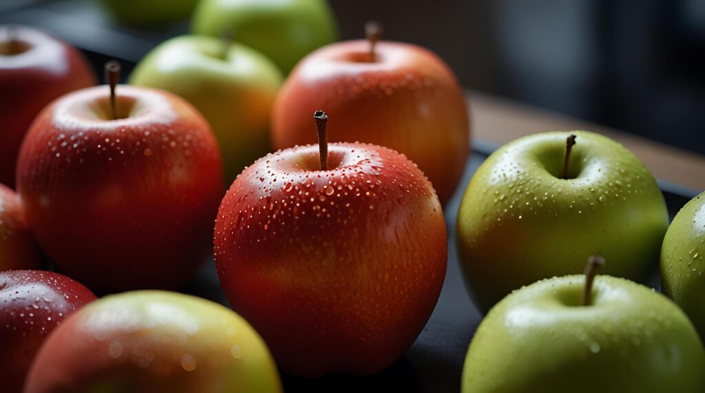 fake plastic apples, synthetically engineered in labs rather than grown from nature’s seeds background illustration. – Stock Free