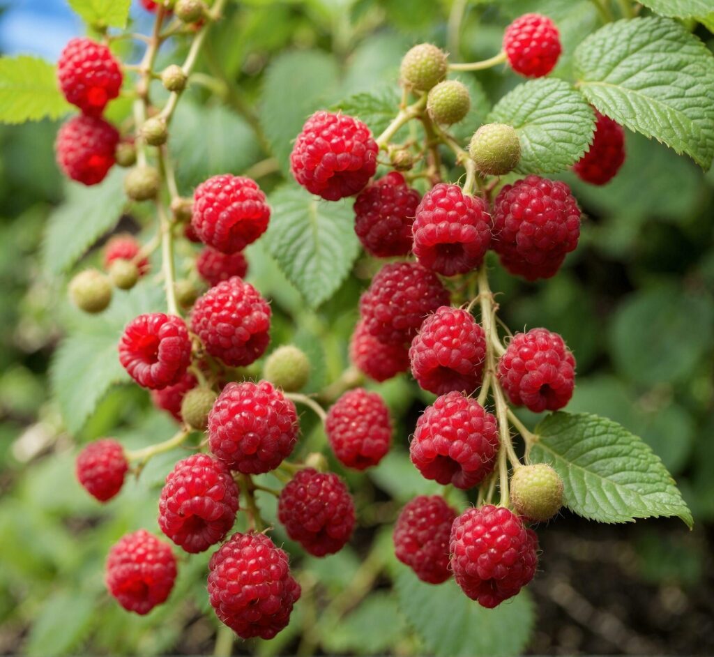 Raspberry bush with ripe berries on a sunny summer day, close-up Free Photo