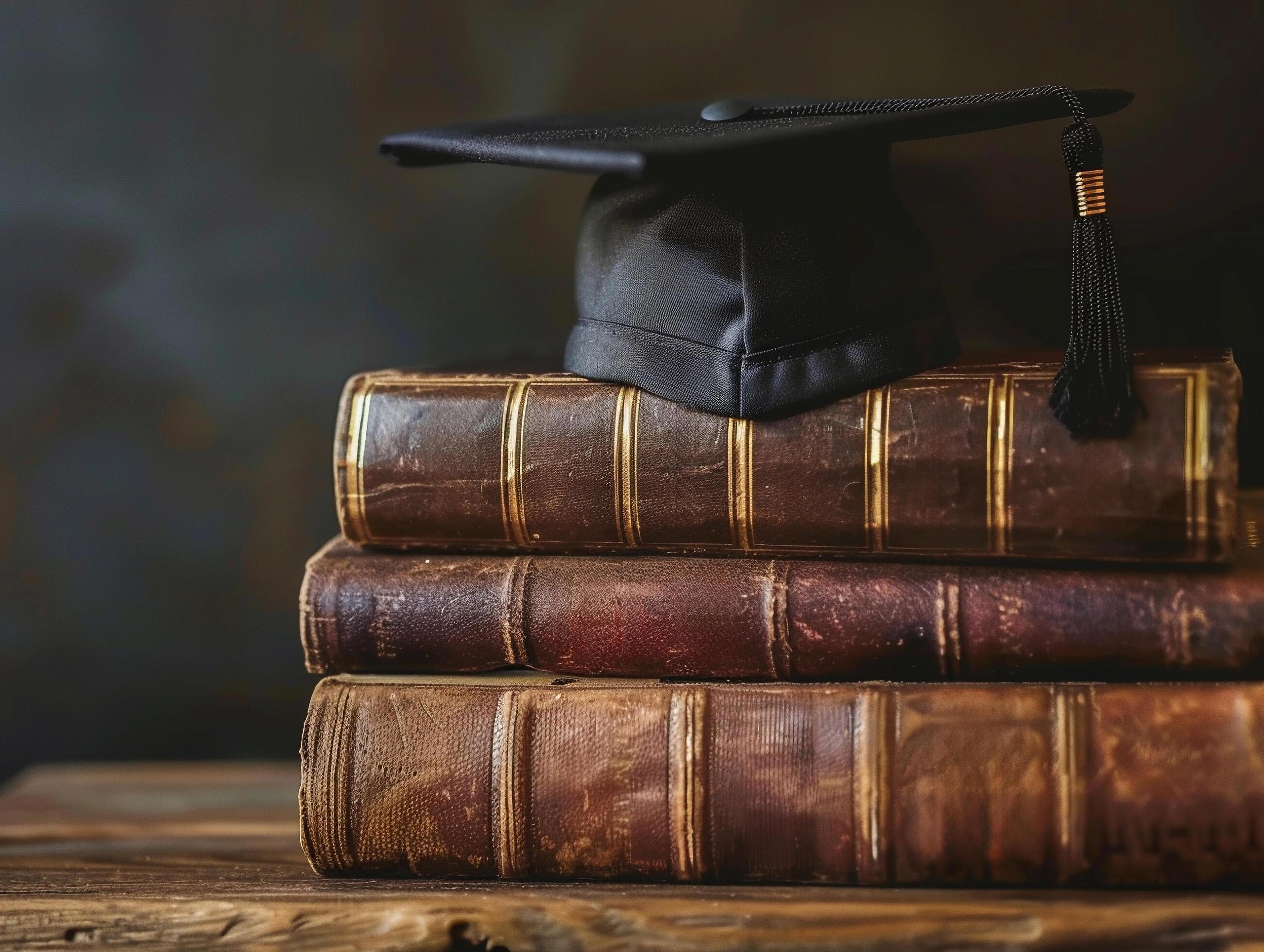 A graduation bachelor cap on a stack of book, knowledge and education concept. Stock Free