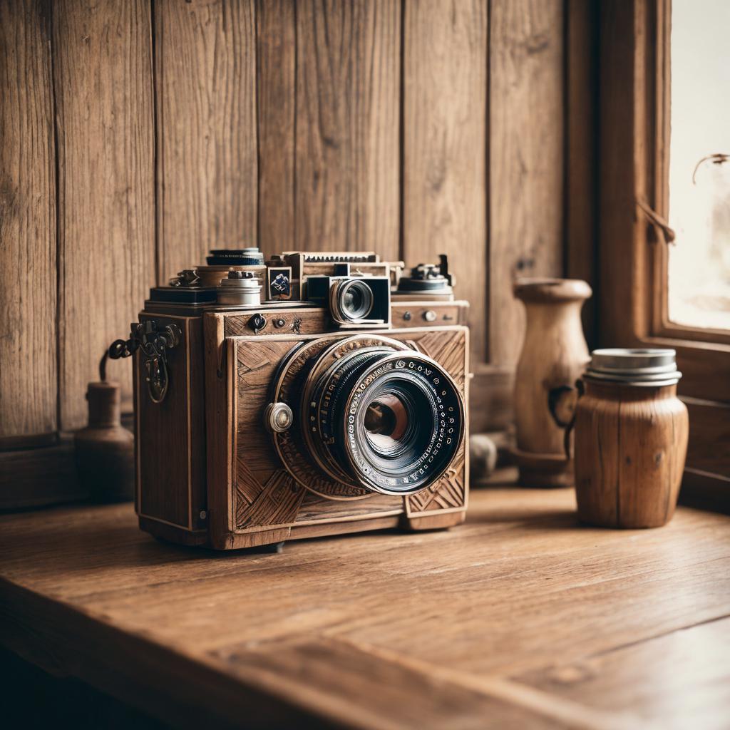 “Vintage camera, rustic wooden by @ai_generated