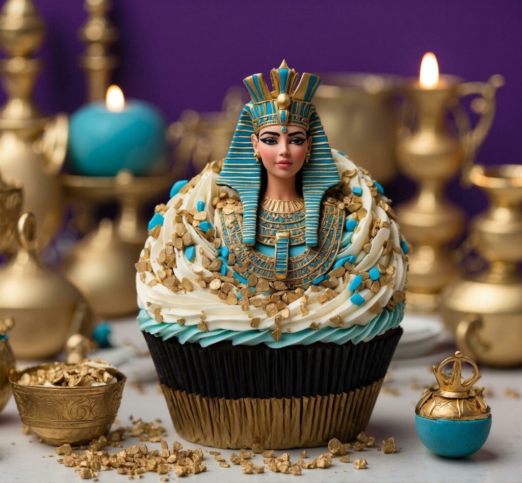 A cupcake with the image of the Egyptian queen on the top Free Photo