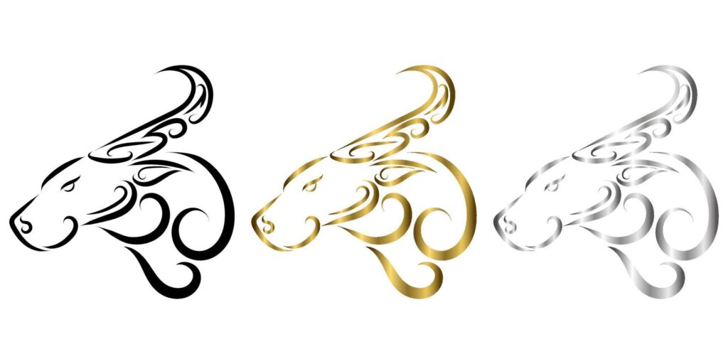 three color black gold and silver line art of buffalo head. Good use for symbol, mascot, icon, avatar, tattoo, T Shirt design, logo or any design. Stock Free