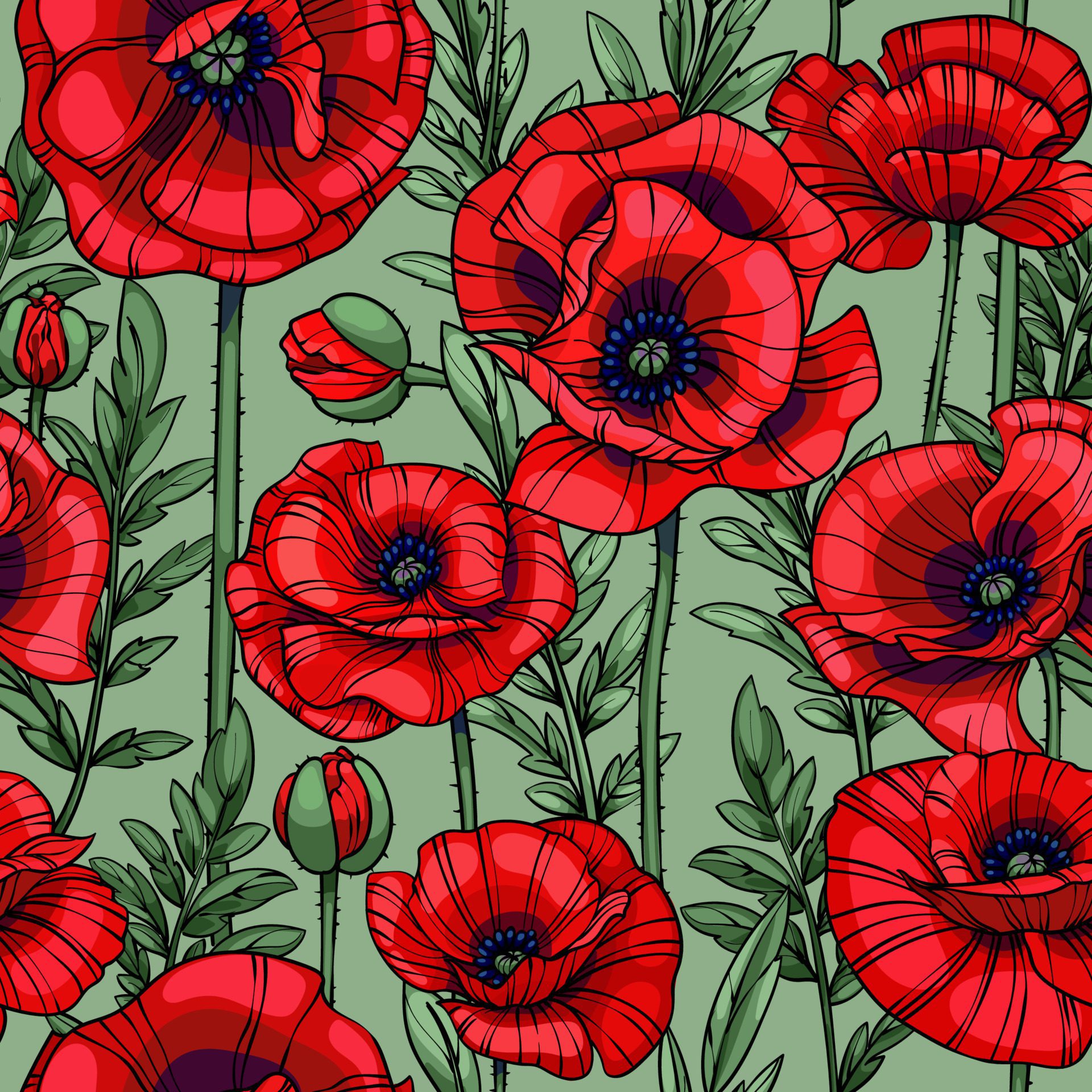 scarlet red poppies, flowers, leaves and stems, seamless vector pattern Free Vector