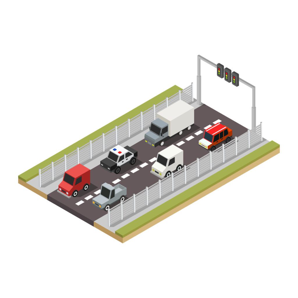 Road with isometric cars on a background Free Vector