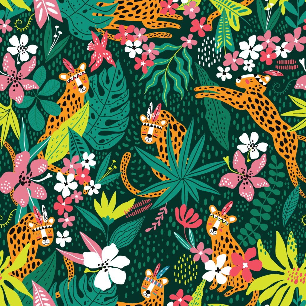 Leopard pattern with tropical leaves. Vector seamless texture Free Vector