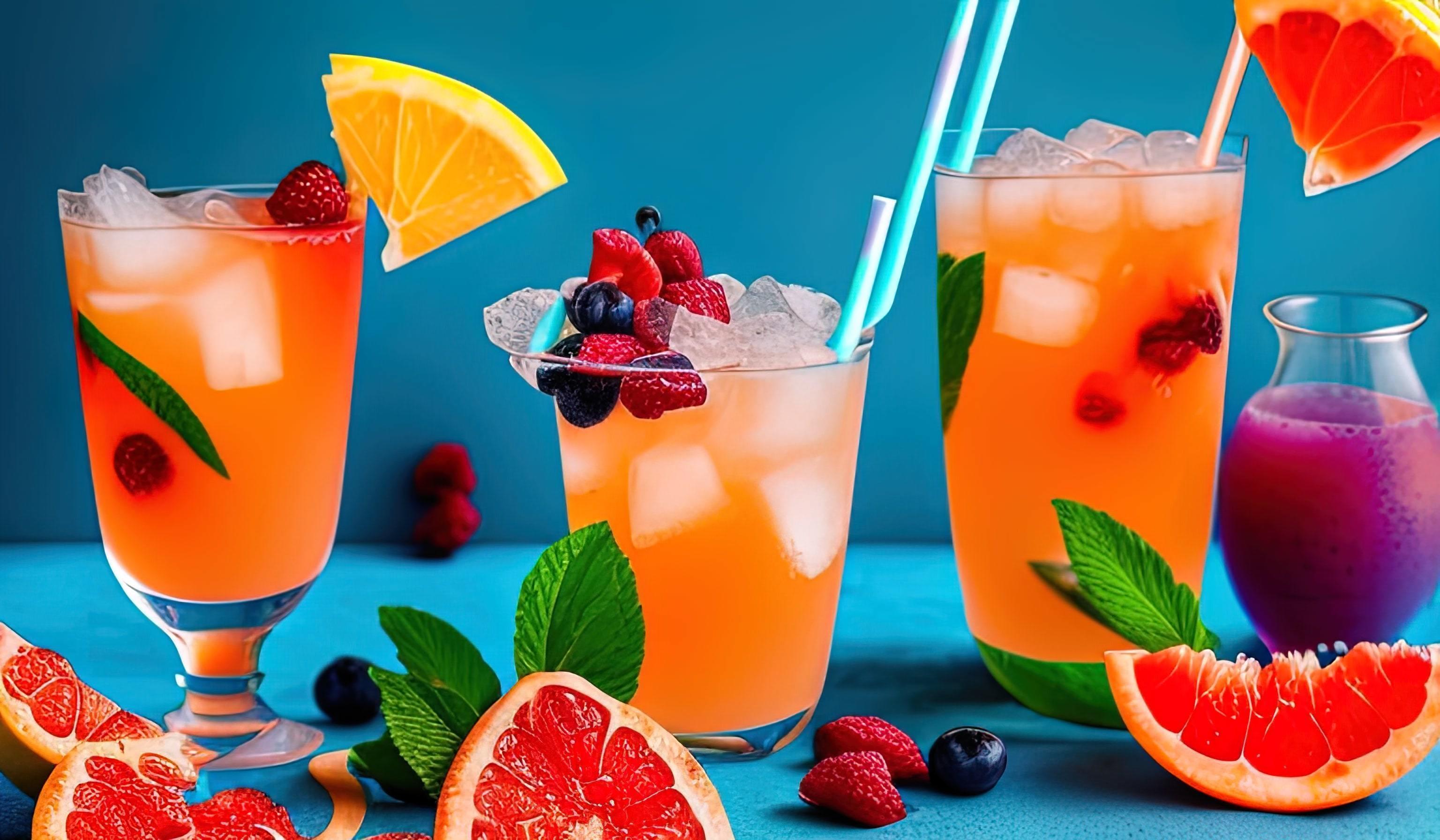 professional food photography closeup of Tropical fruit summer coctail with red grapefruit, berries and ice on blue background Stock Free