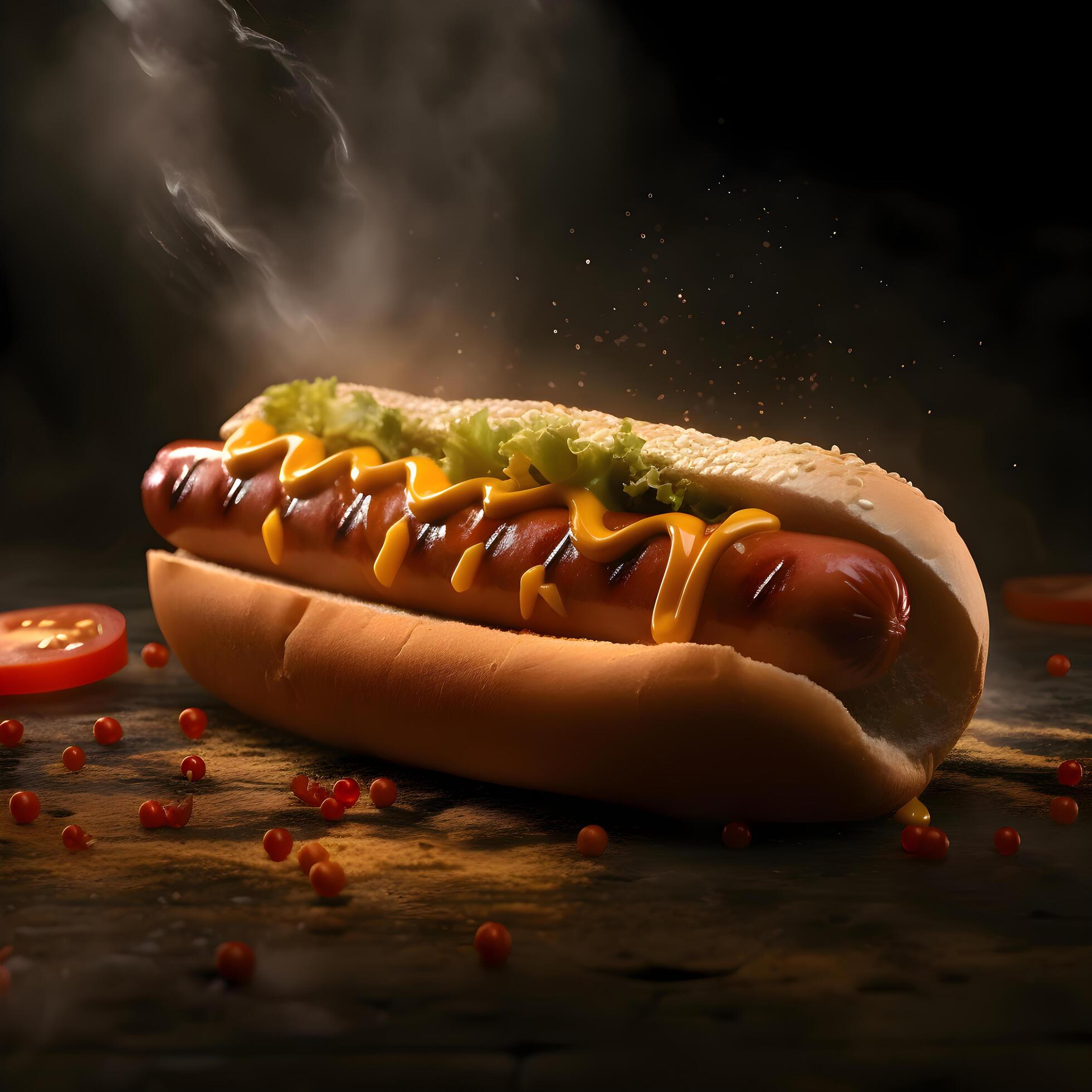 Hot dog with mustard and ketchup on a wooden background. Fast food. Stock Free