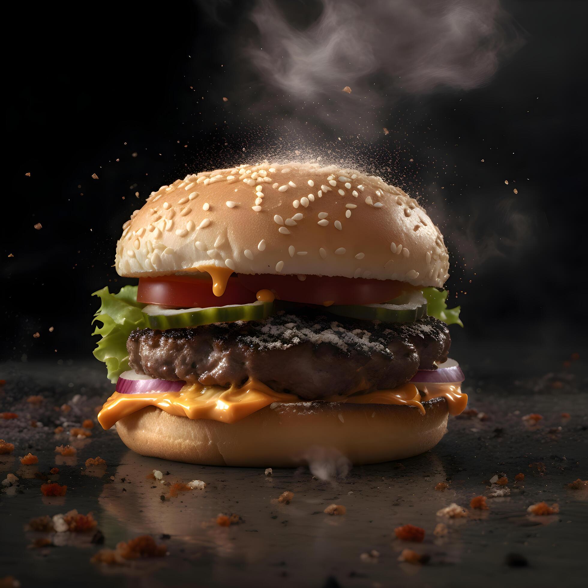 Hamburger on a black background with smoke. Fast food. Stock Free