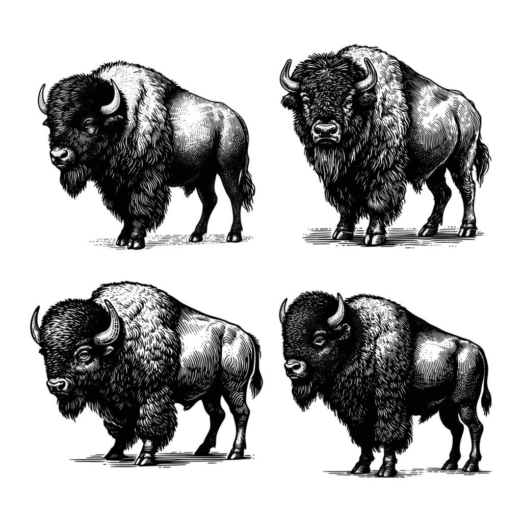 set of bison illustration. black and white hand drawn bison illustration isolated white background Free Vector