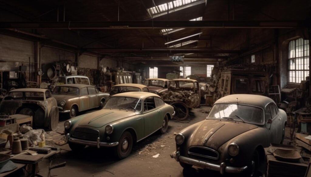 Rusty antique car in abandoned dirty garage Stock Free