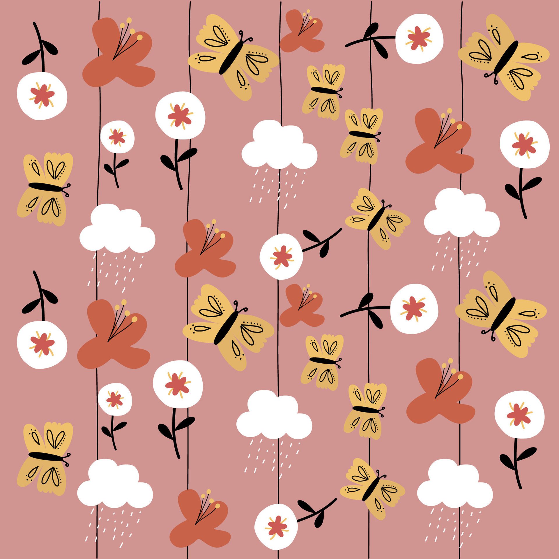 Hand drawn childish abstract flowers and butterfly pattern for fabric, textile, wallpaper Free Vector