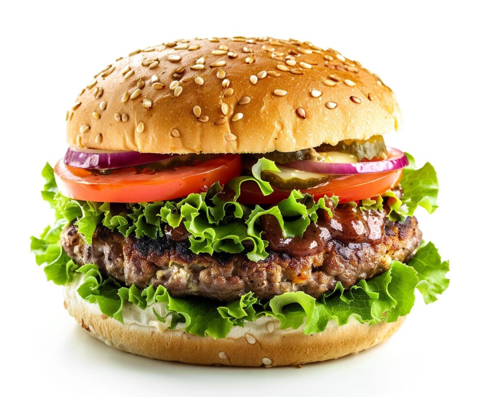 a hamburger with lettuce, tomato and onion on a white background Stock Free