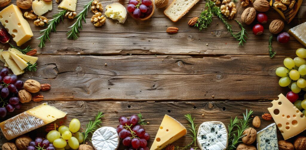 Cheese, Fruit, Nuts, and Grapes on Wooden Background Stock Free