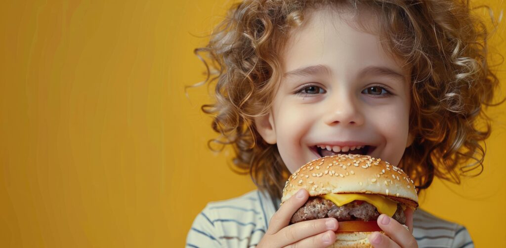 Child Eating Hamburger on Yellow Background Stock Free