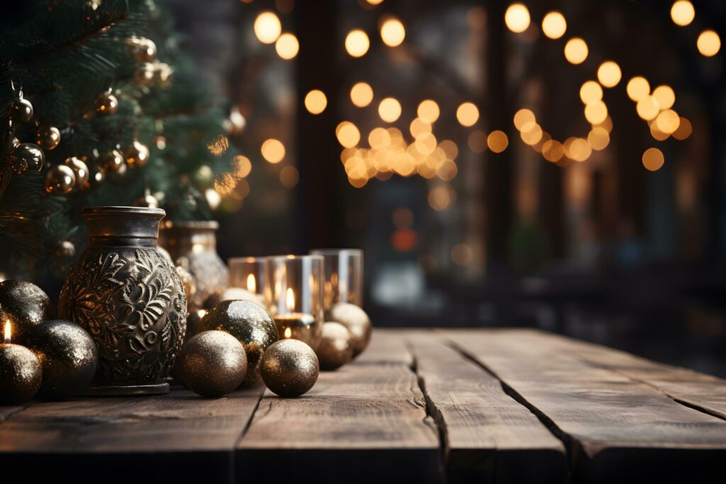 Christmas wooden table mockup with christmas-tree, balls, candles and lights background. Festive template banner with creative bauble decoration and copy space. Stock Free