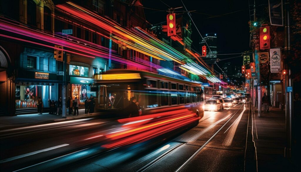 City life illuminated with neon light trails generated by AI Stock Free